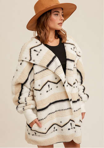 Geo Stripe Faux Fur Hoodie Jacket