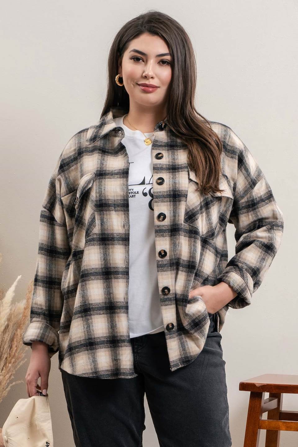 Black and Taupe Plaid Shacket