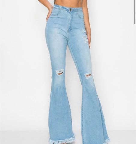 High Rise Distressed Flare Light Blue